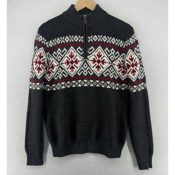 IZOD Sweater Mens M Nordic Fair Isle Chunky 1/4 Zip Jumper Pullover Gray - Picture 1 of 16